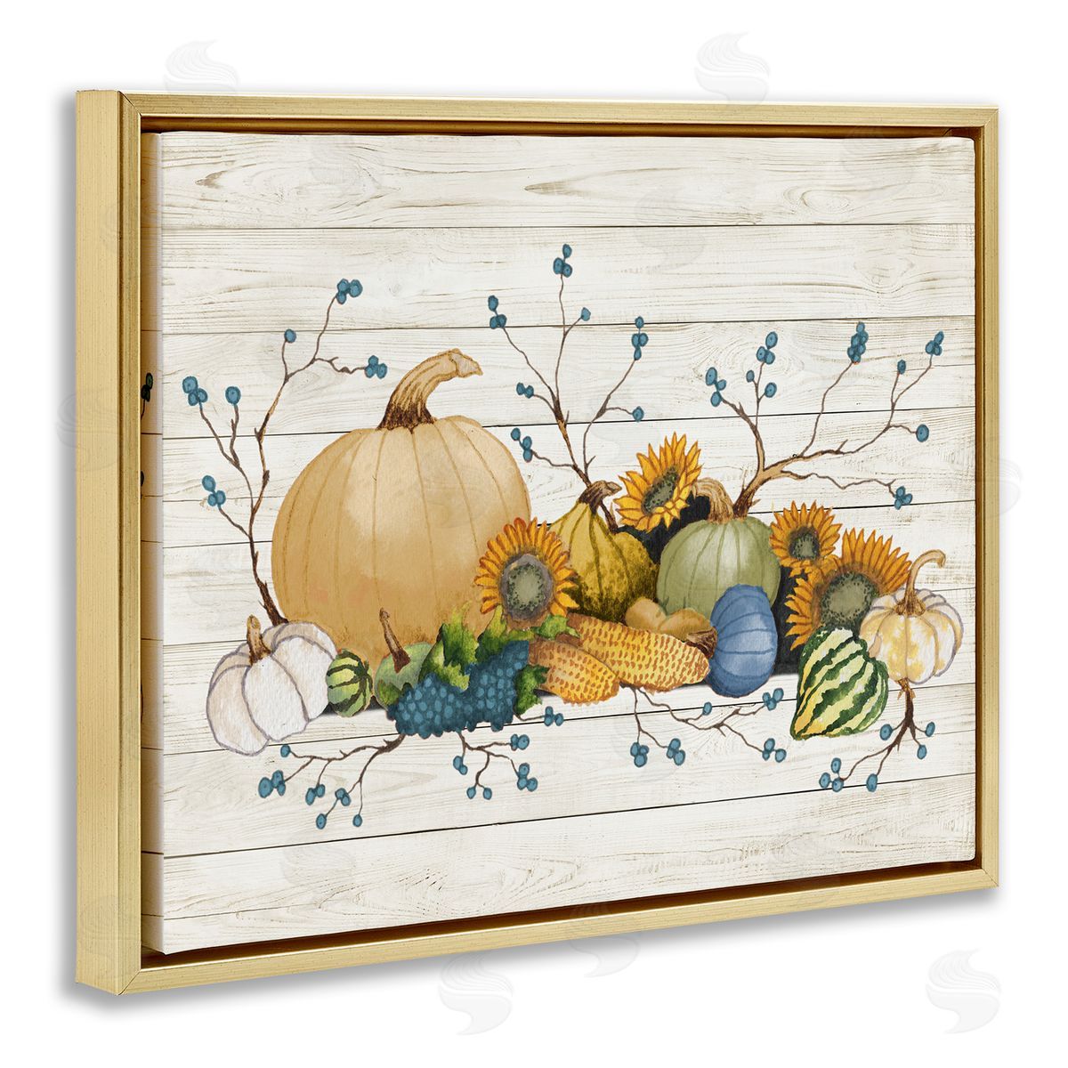 Elizabeth Medley Rustic Abundant Harvest Vegetables Fall Botanical Spread  Gold Floating Frame Canvas Wall Art Print