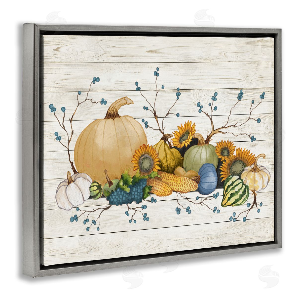 Elizabeth Medley Rustic Abundant Harvest Vegetables Fall Botanical Spread  Gray Floating Frame Canvas Wall Art Print