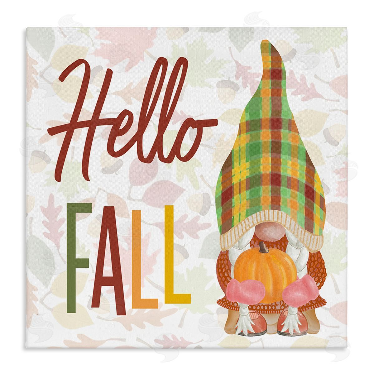 Andi Metz Hello Fall Cozy Tartan Gnome Holding Pumpkin  Stretched Canvas Wall Art Print