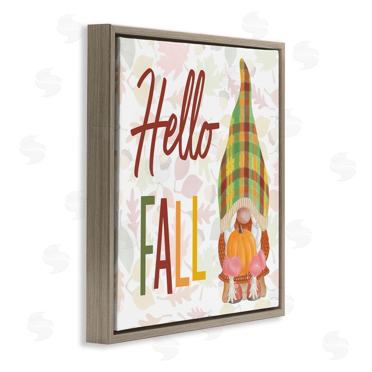 Andi Metz Hello Fall Cozy Tartan Gnome Holding Pumpkin  Brown Floating Frame Canvas Wall Art Print