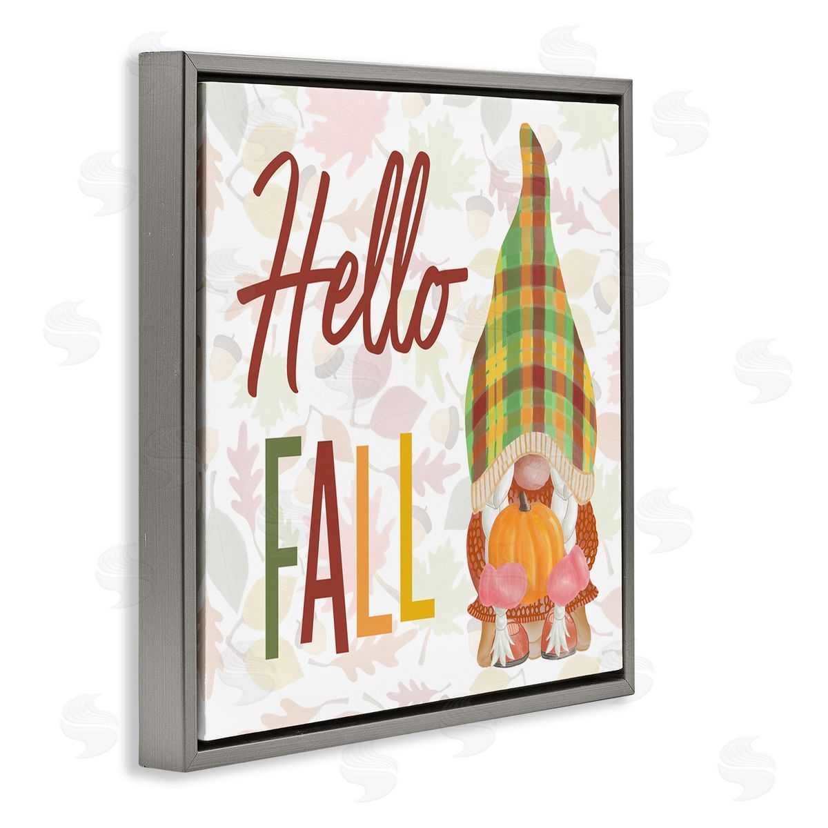 Andi Metz Hello Fall Cozy Tartan Gnome Holding Pumpkin  Gray Floating Frame Canvas Wall Art Print