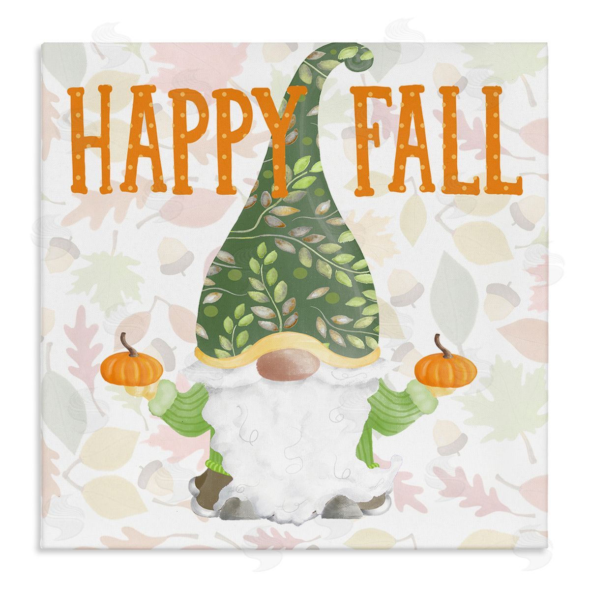 Andi Metz Happy Fall Patterned Gnome Holding Orange Pumpkins  Stretched Canvas Wall Art Print