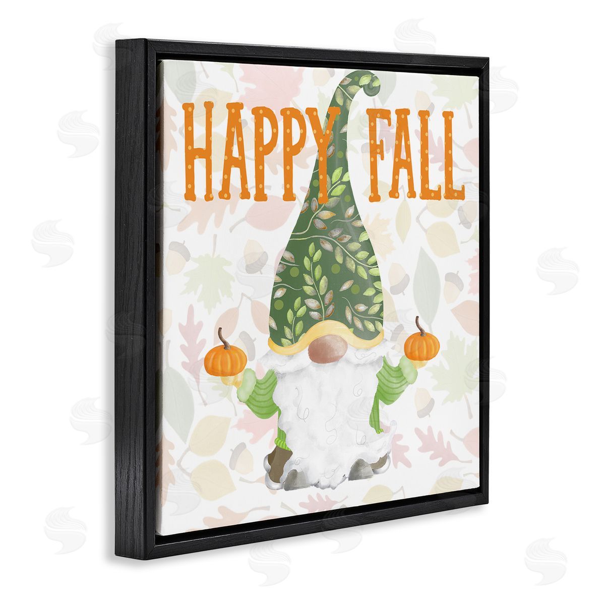 Andi Metz Happy Fall Patterned Gnome Holding Orange Pumpkins  Black Floating Frame Canvas Wall Art Print