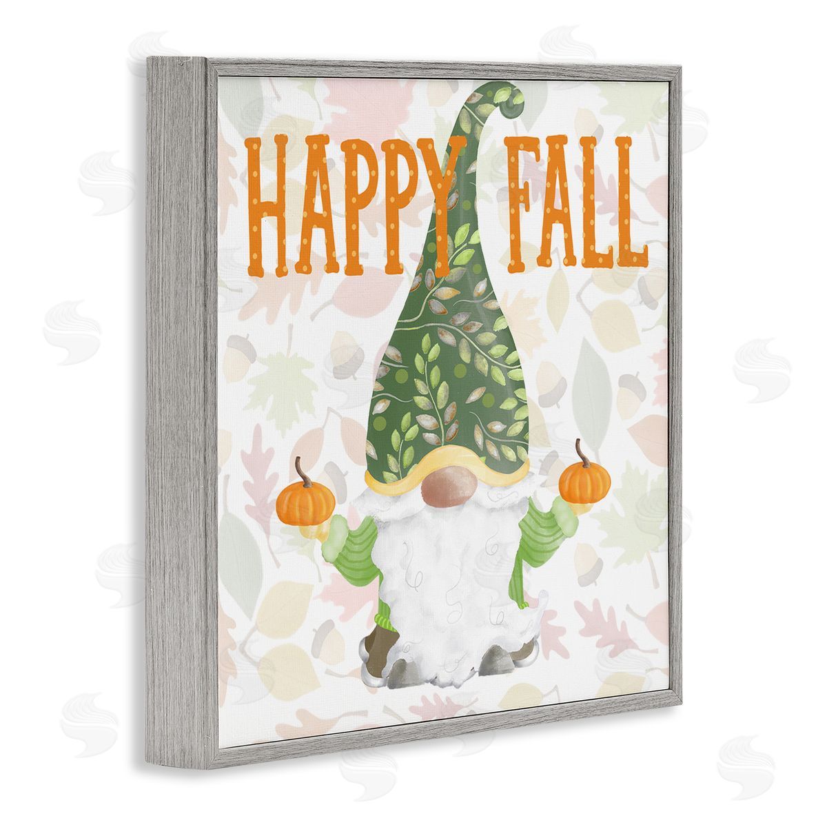 Andi Metz Happy Fall Patterned Gnome Holding Orange Pumpkins  Gray Framed Glicee Wall Art Print