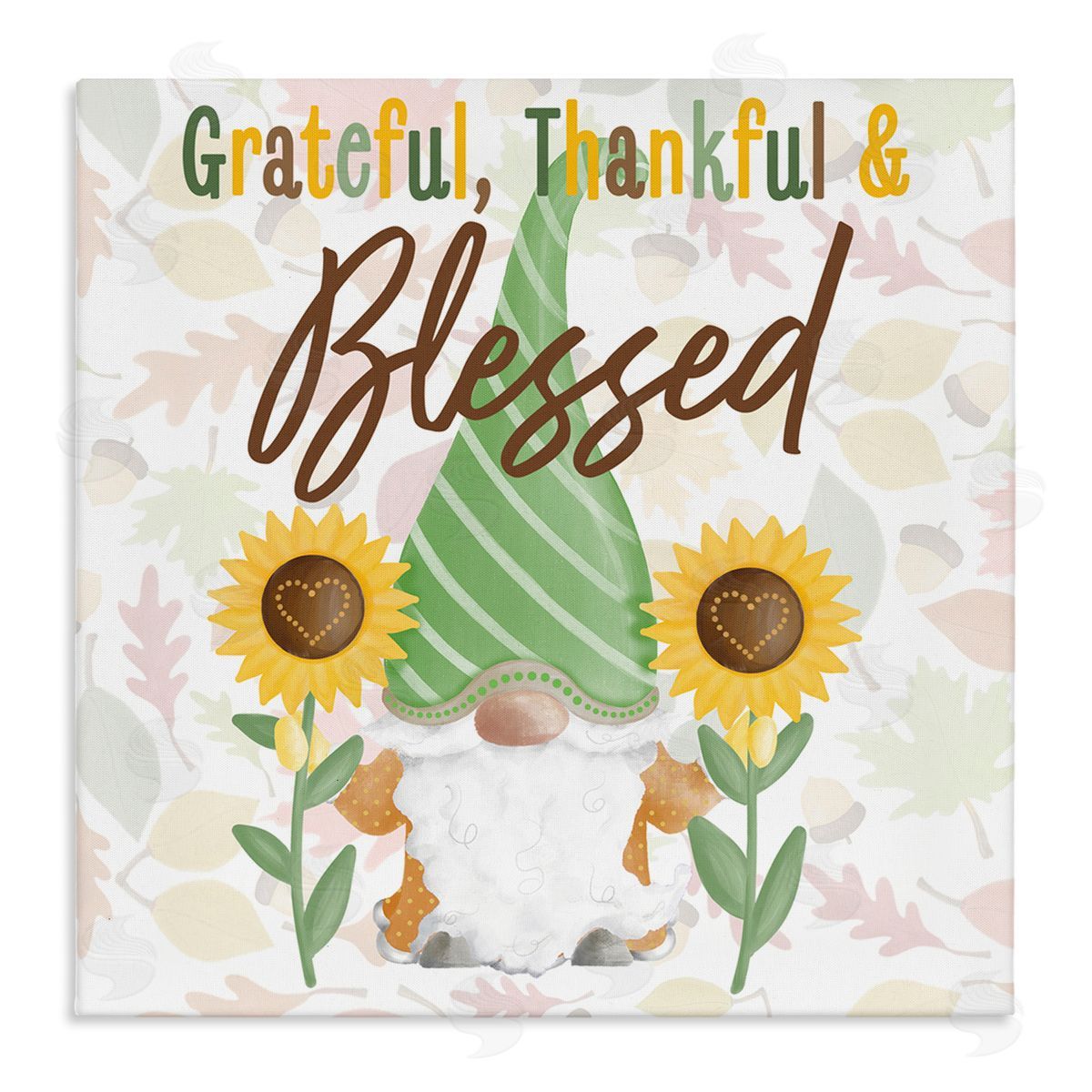 Andi Metz Grateful Sentiment Typography Garden Gnome Sunflowers Pattern Stretched Canvas Wall Art Print