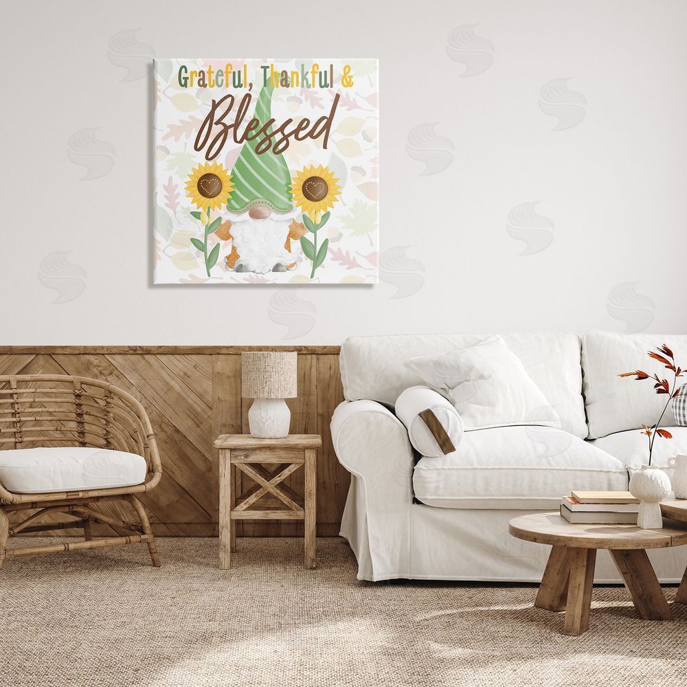 Andi Metz Grateful Sentiment Typography Garden Gnome Sunflowers Pattern Canvas Wall Art in Room