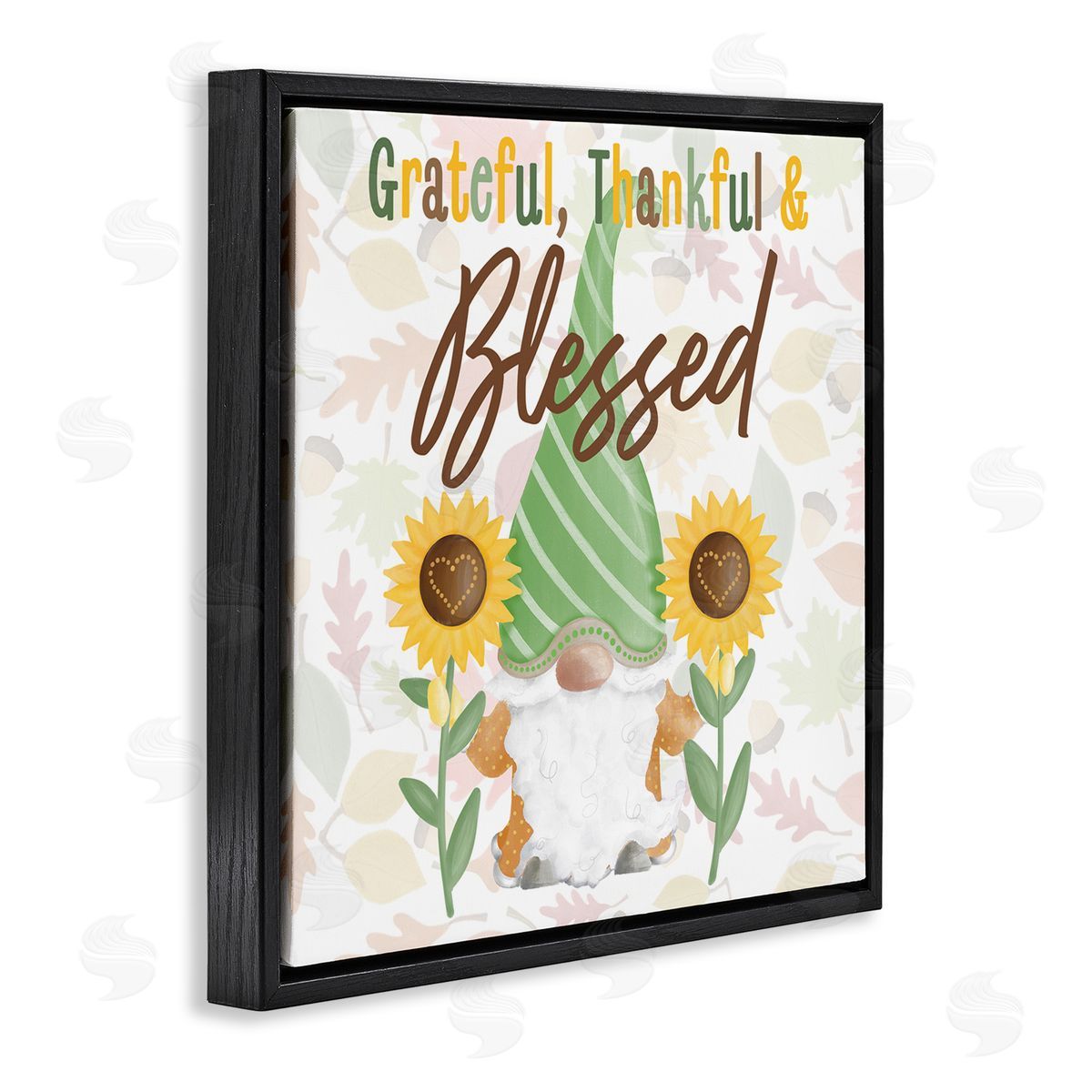 Andi Metz Grateful Sentiment Typography Garden Gnome Sunflowers Pattern Black Floating Frame Canvas Wall Art Print