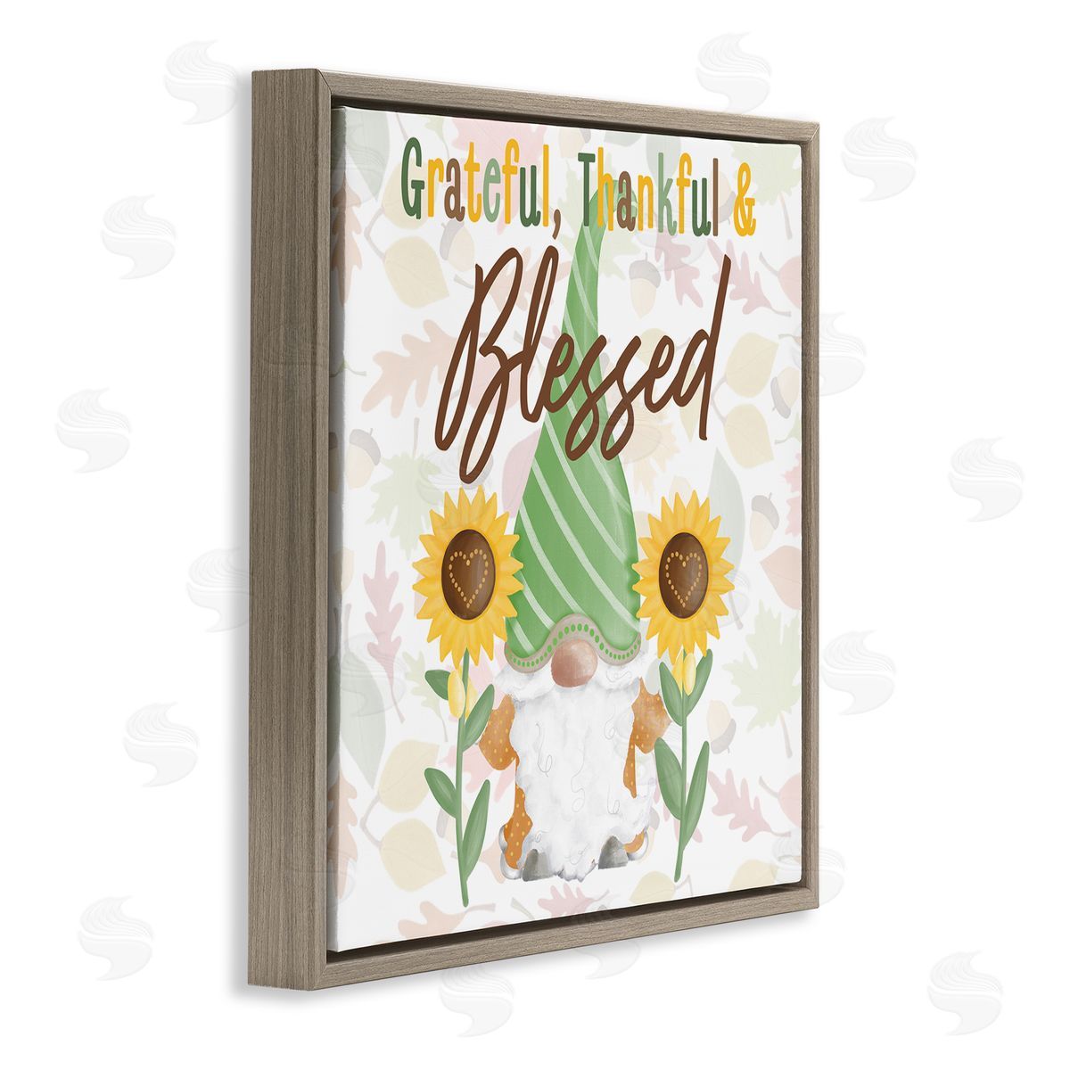 Andi Metz Grateful Sentiment Typography Garden Gnome Sunflowers Pattern Brown Floating Frame Canvas Wall Art Print