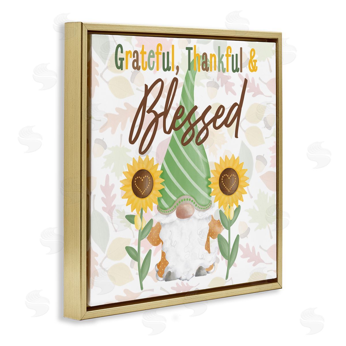 Andi Metz Grateful Sentiment Typography Garden Gnome Sunflowers Pattern Gold Floating Frame Canvas Wall Art Print