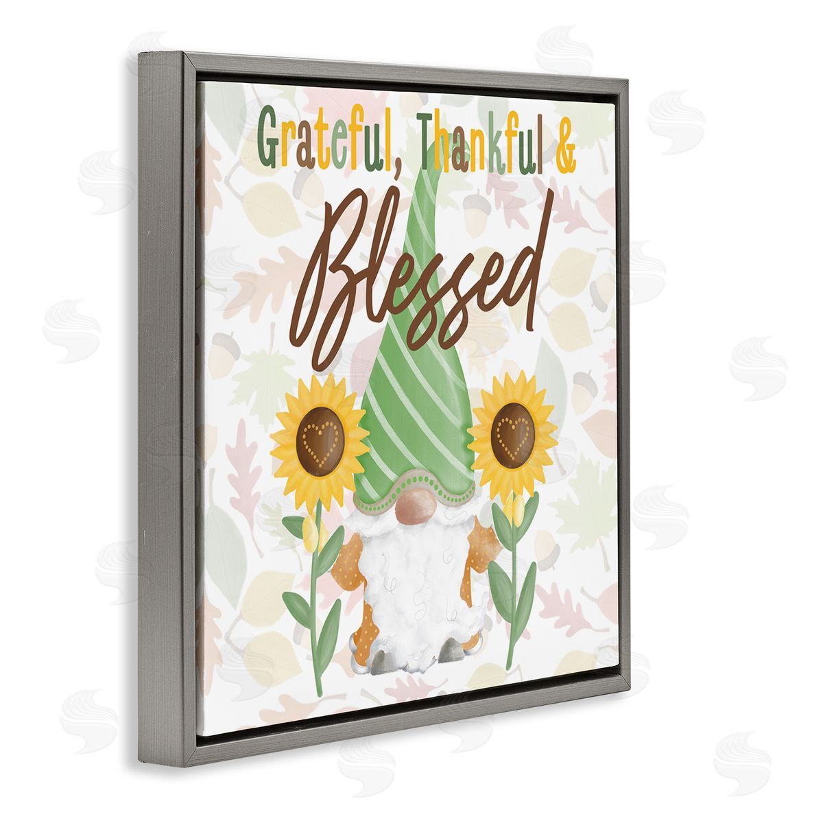 Andi Metz Grateful Sentiment Typography Garden Gnome Sunflowers Pattern Gray Floating Frame Canvas Wall Art Print