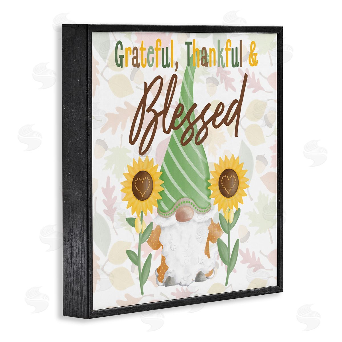 Andi Metz Grateful Sentiment Typography Garden Gnome Sunflowers Pattern Black Framed Glicee Wall Art Print