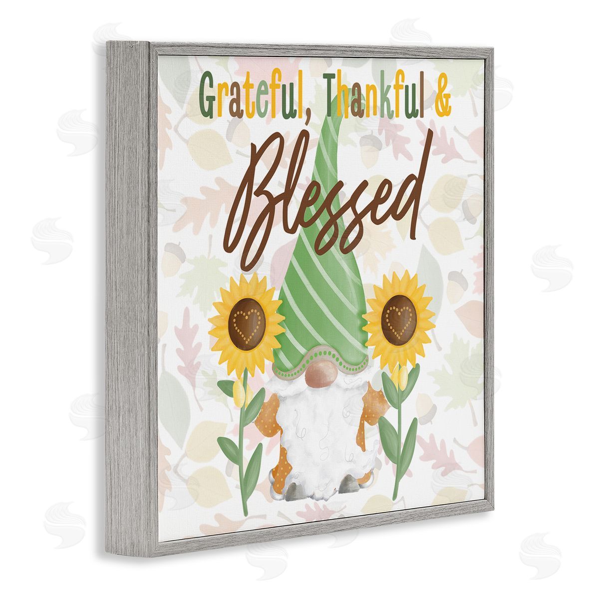 Andi Metz Grateful Sentiment Typography Garden Gnome Sunflowers Pattern Gray Framed Glicee Wall Art Print