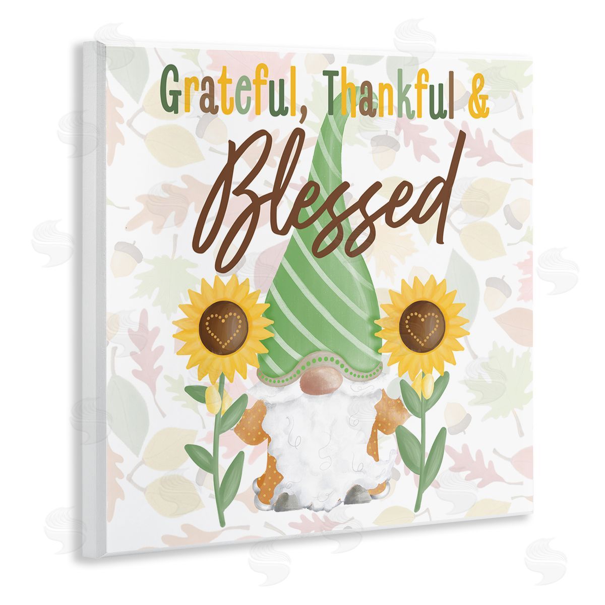 Andi Metz Grateful Sentiment Typography Garden Gnome Sunflowers Pattern Wooden Wall Plaque Art Print
