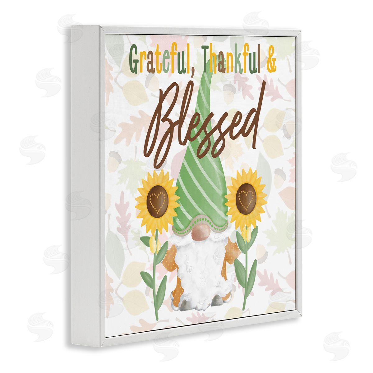 Andi Metz Grateful Sentiment Typography Garden Gnome Sunflowers Pattern White Framed Glicee Wall Art Print