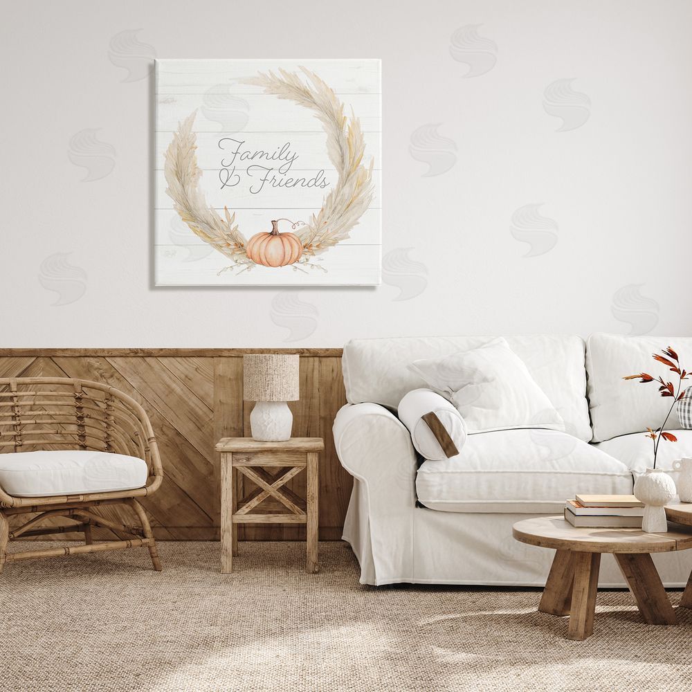 Patricia Pinto Family & Friends Autumn Farmhouse Wheat Pumpkin Wreath Canvas Wall Art in Room