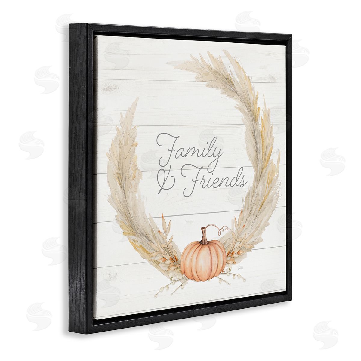 Patricia Pinto Family & Friends Autumn Farmhouse Wheat Pumpkin Wreath Black Floating Frame Canvas Wall Art Print