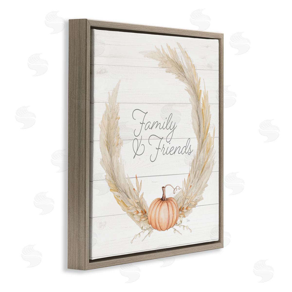 Patricia Pinto Family & Friends Autumn Farmhouse Wheat Pumpkin Wreath Brown Floating Frame Canvas Wall Art Print