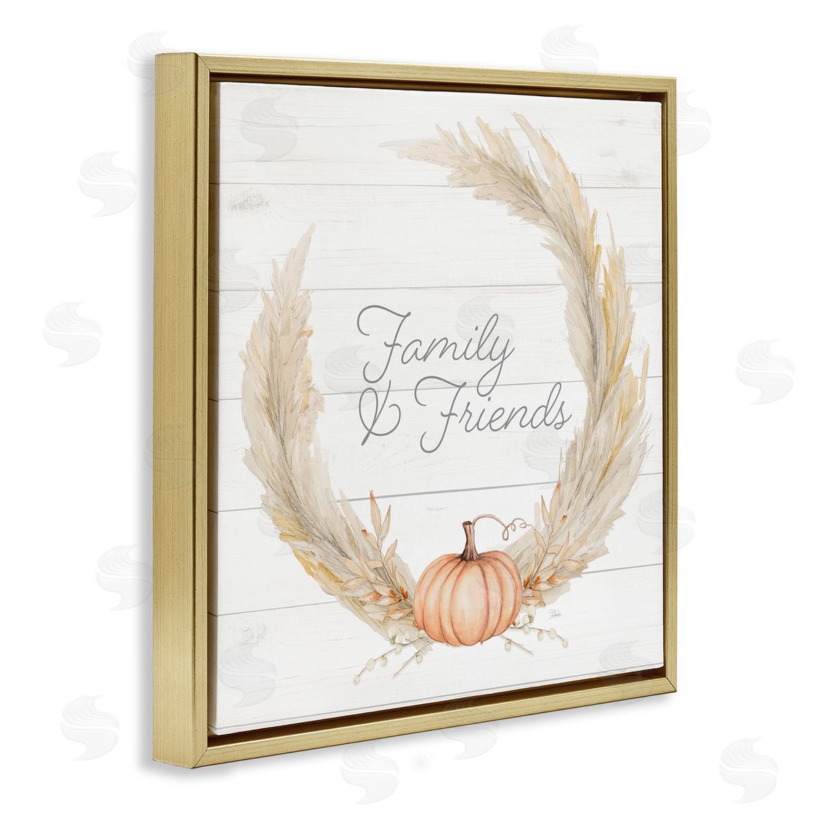Patricia Pinto Family & Friends Autumn Farmhouse Wheat Pumpkin Wreath Gold Floating Frame Canvas Wall Art Print