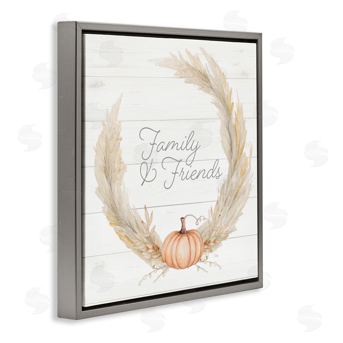 Patricia Pinto Family & Friends Autumn Farmhouse Wheat Pumpkin Wreath Gray Floating Frame Canvas Wall Art Print