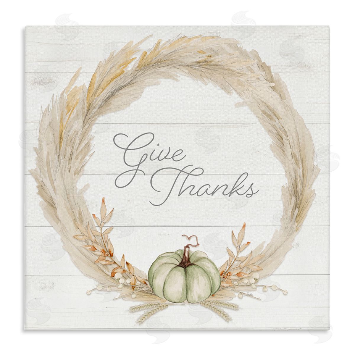 Patricia Pinto Give Thanks Phrase Country Wheat & Pumpkin Wreath  Stretched Canvas Wall Art Print