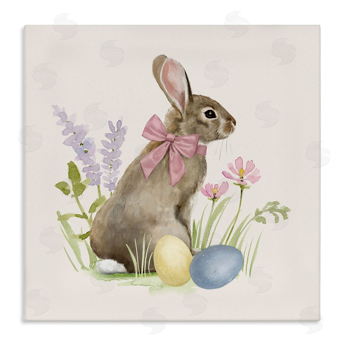 Victoria Barnes Easter Bunny Rabbit Bow Spring Flowers & Eggs  Stretched Canvas Wall Art Print