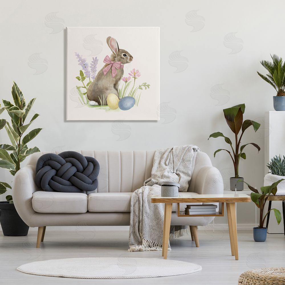 Victoria Barnes Easter Bunny Rabbit Bow Spring Flowers & Eggs  Canvas Wall Art in Room