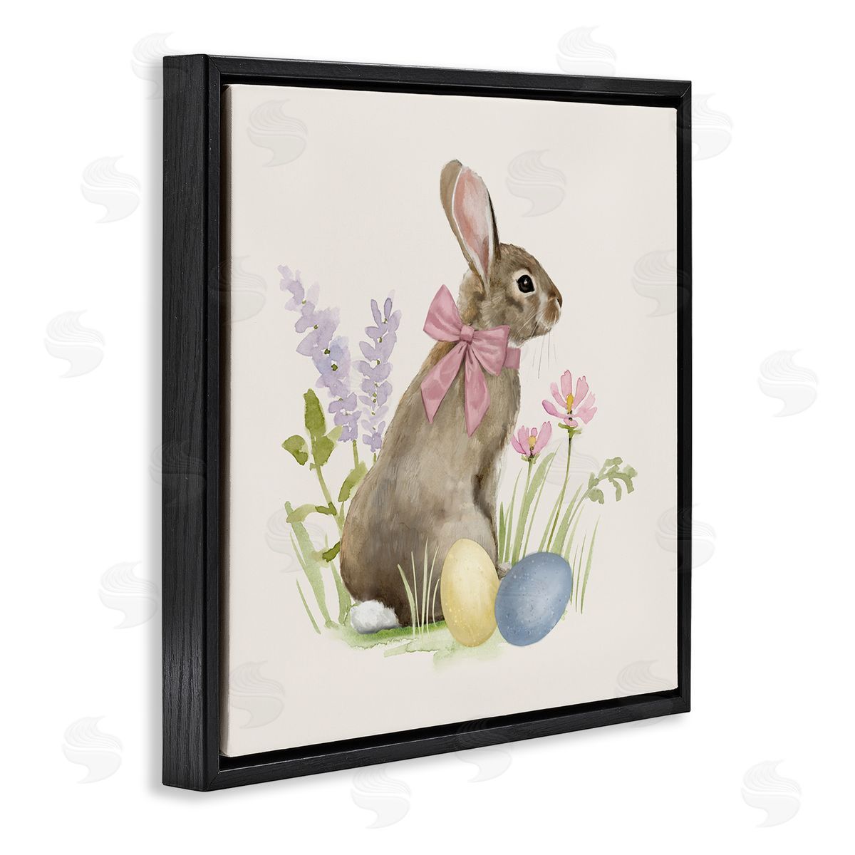 Victoria Barnes Easter Bunny Rabbit Bow Spring Flowers & Eggs  Black Floating Frame Canvas Wall Art Print