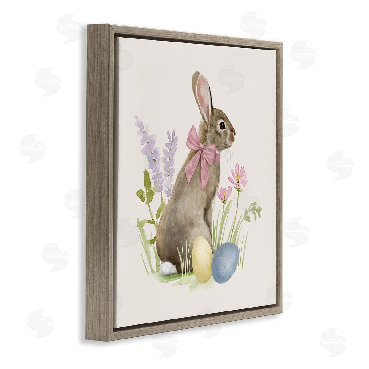 Victoria Barnes Easter Bunny Rabbit Bow Spring Flowers & Eggs  Brown Floating Frame Canvas Wall Art Print