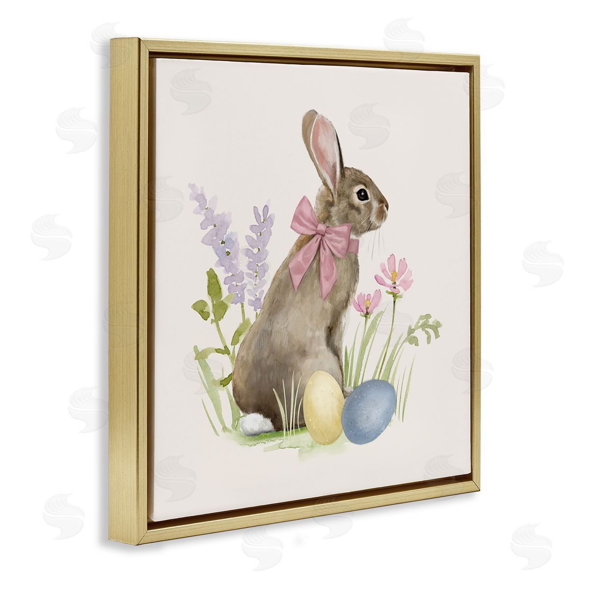 Victoria Barnes Easter Bunny Rabbit Bow Spring Flowers & Eggs  Gold Floating Frame Canvas Wall Art Print