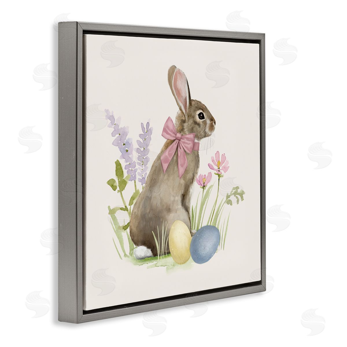 Victoria Barnes Easter Bunny Rabbit Bow Spring Flowers & Eggs  Gray Floating Frame Canvas Wall Art Print