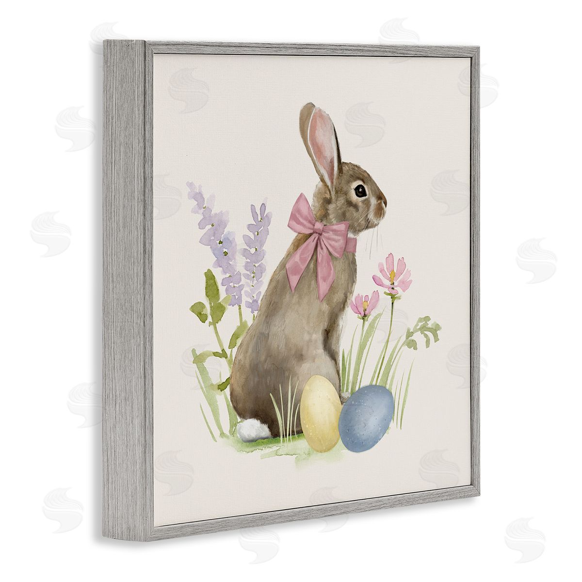Victoria Barnes Easter Bunny Rabbit Bow Spring Flowers & Eggs  Gray Framed Glicee Wall Art Print