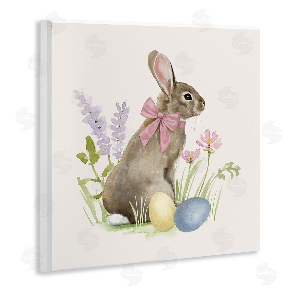 Victoria Barnes Easter Bunny Rabbit Bow Spring Flowers & Eggs  Wooden Wall Plaque Art Print