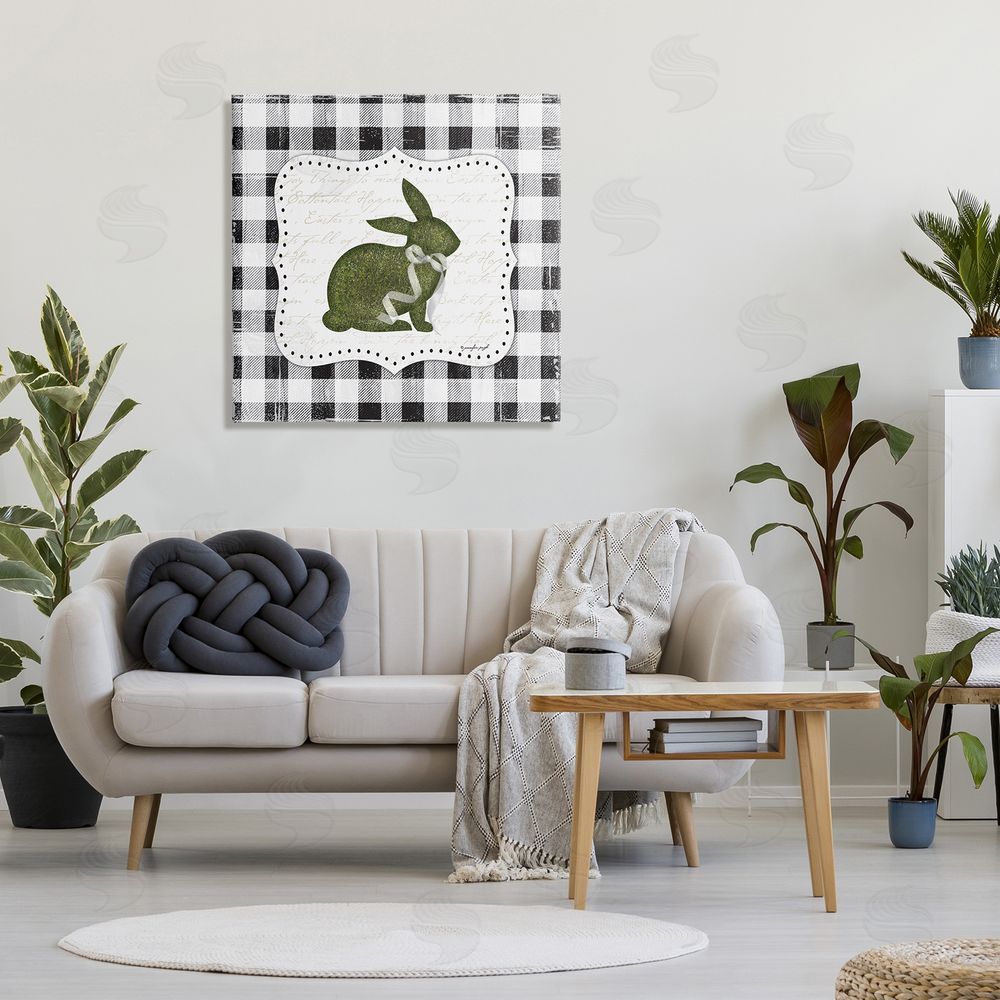 Jennifer Pugh Festive Easter Bunny Ribbon Spring Plaid Pattern Canvas Wall Art in Room