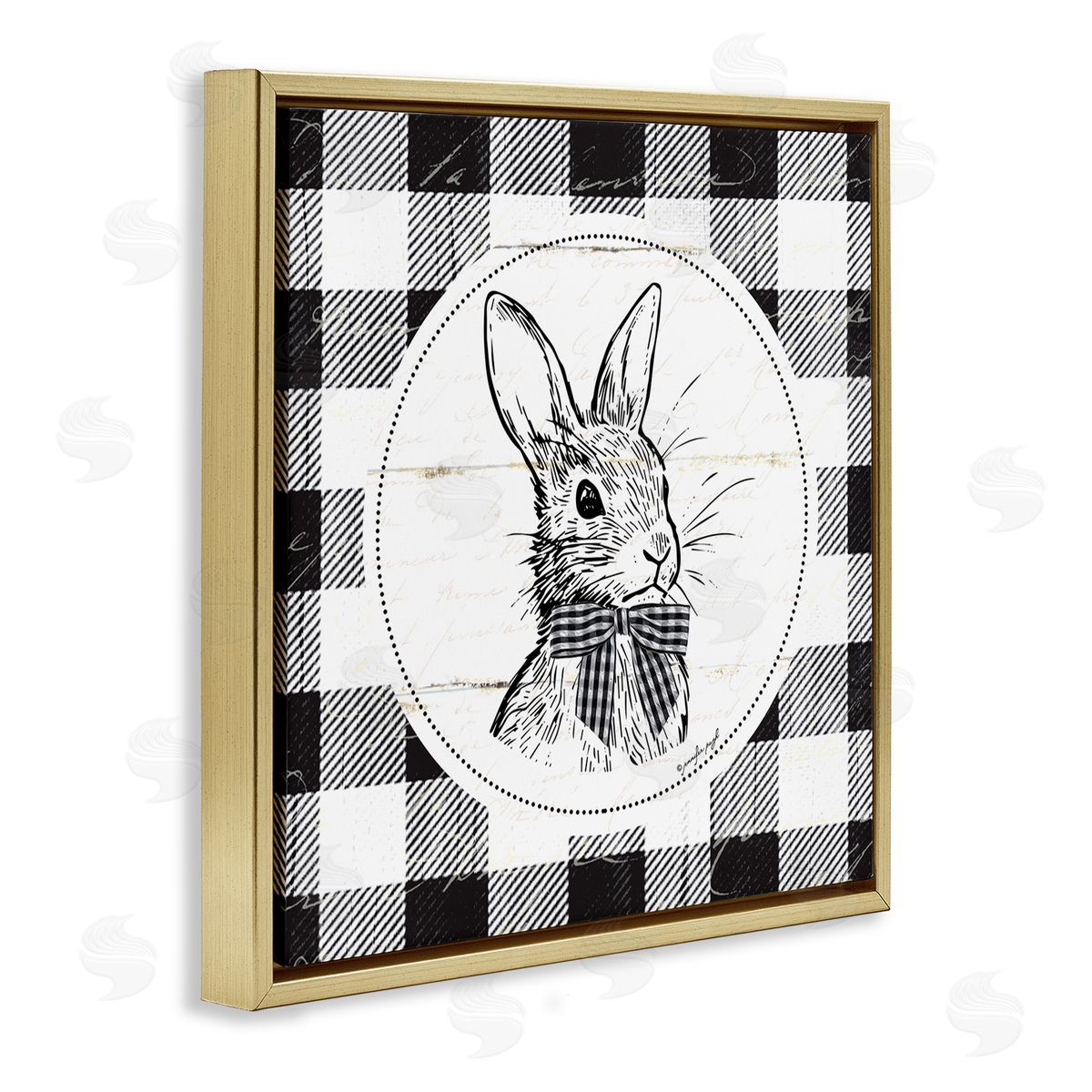 Jennifer Pugh Detailed Easter Bunny Drawing Spring Plaid Border Gold Floating Frame Canvas Wall Art Print