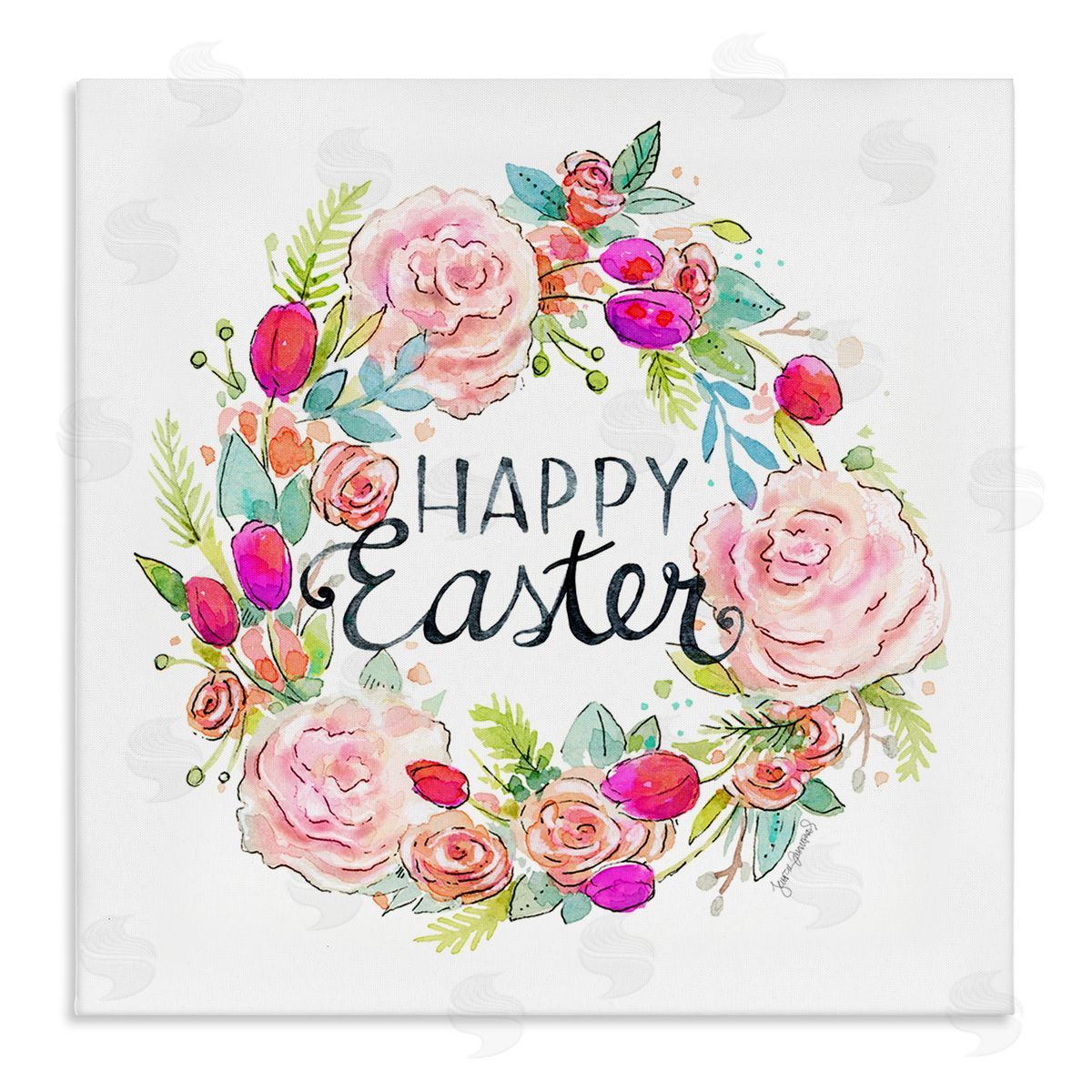 Jennifer Wambach Happy Easter Vivid Pink Floral Blossom Border Stretched Canvas Wall Art Print