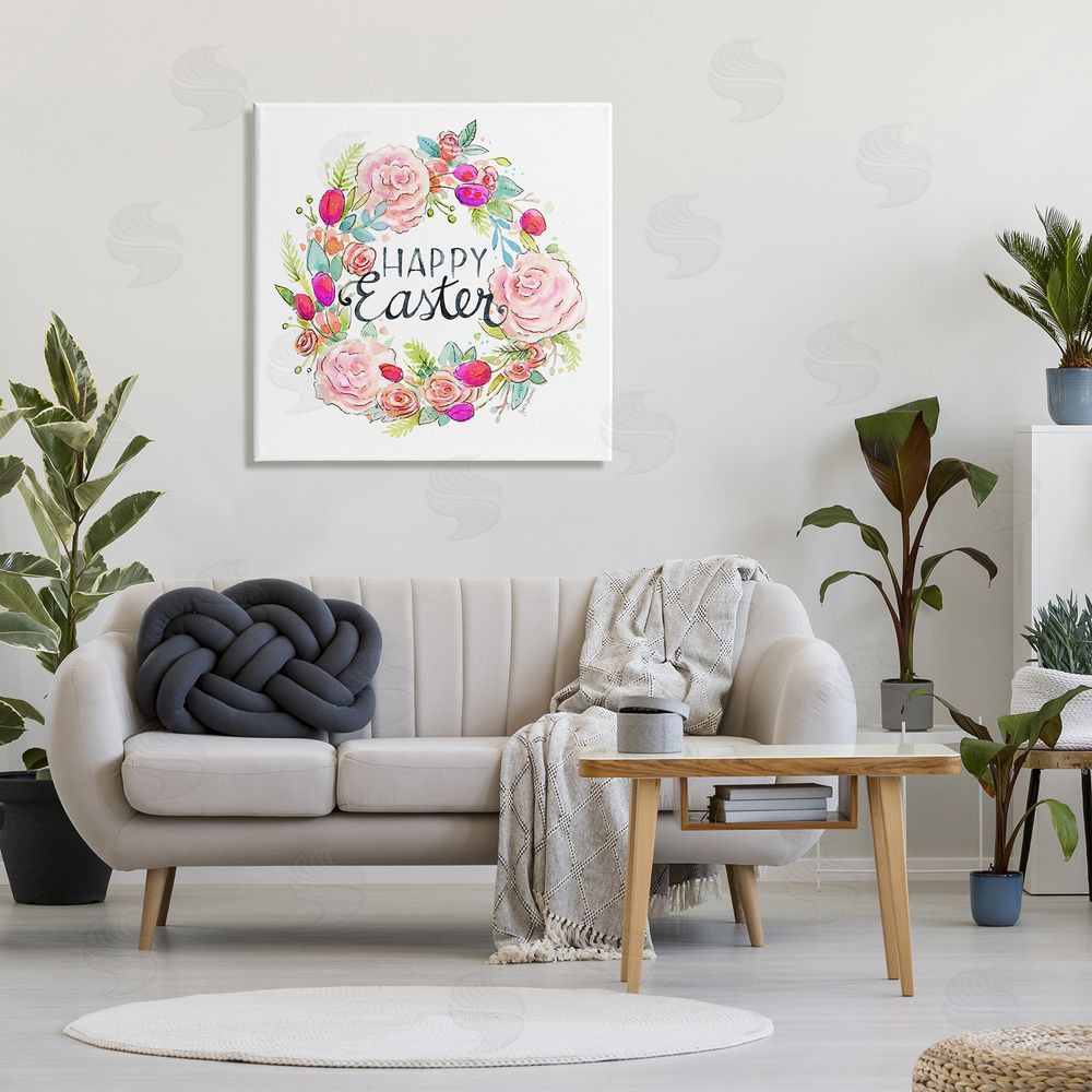 Jennifer Wambach Happy Easter Vivid Pink Floral Blossom Border Canvas Wall Art in Room