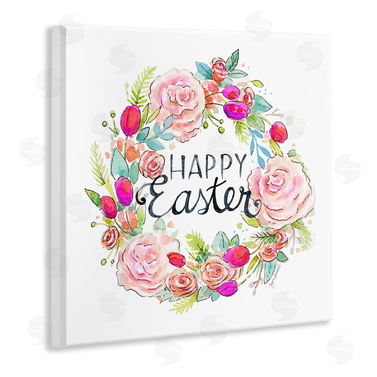 Jennifer Wambach Happy Easter Vivid Pink Floral Blossom Border Wooden Wall Plaque Art Print