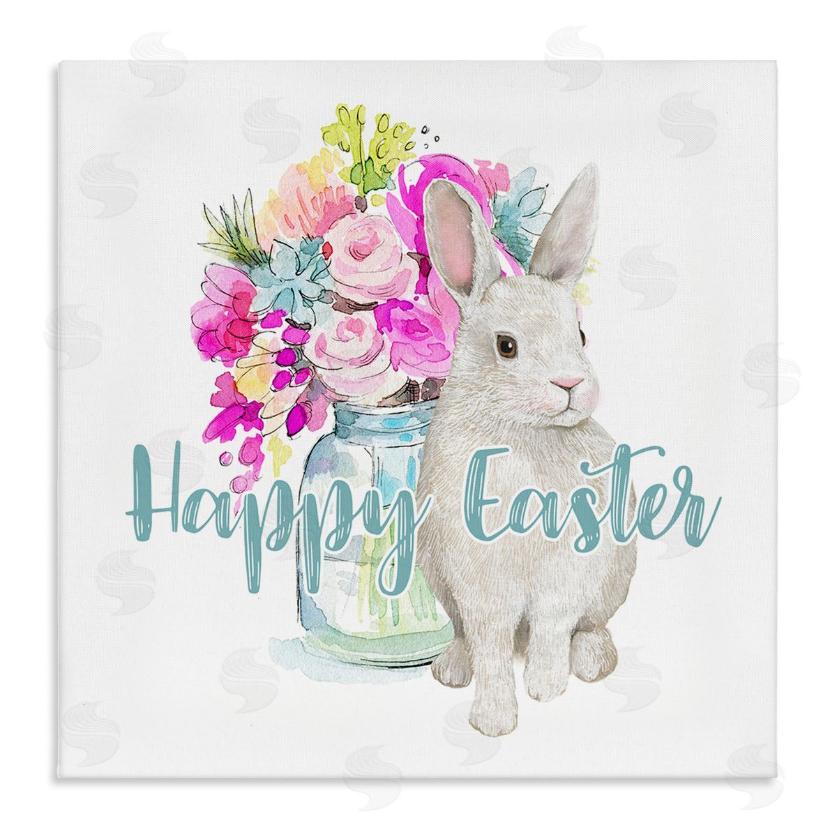 Jennifer Wambach Happy Easter Calligraphy Bunny Pink Flower Bouquet  Stretched Canvas Wall Art Print