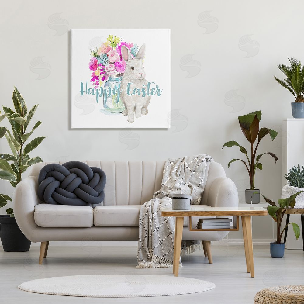 Jennifer Wambach Happy Easter Calligraphy Bunny Pink Flower Bouquet  Canvas Wall Art in Room