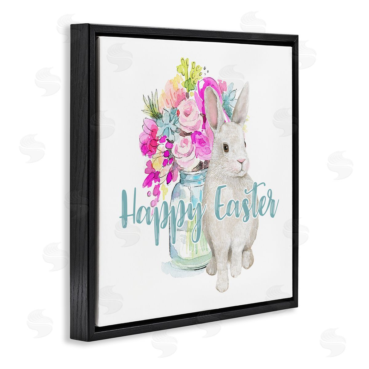 Jennifer Wambach Happy Easter Calligraphy Bunny Pink Flower Bouquet  Black Floating Frame Canvas Wall Art Print