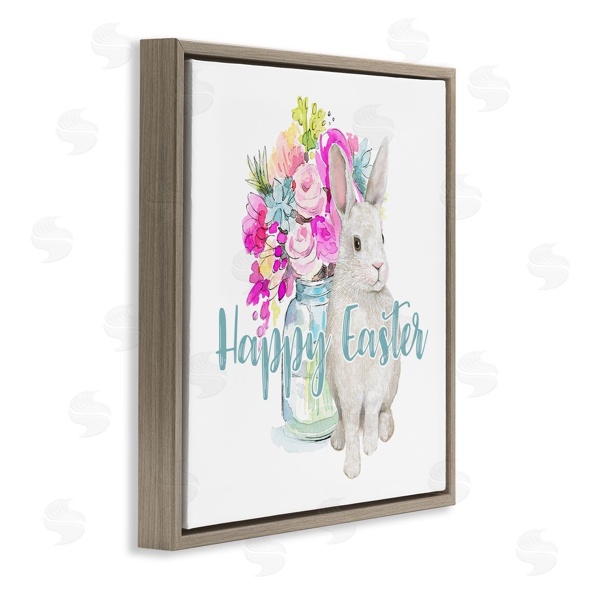 Jennifer Wambach Happy Easter Calligraphy Bunny Pink Flower Bouquet  Brown Floating Frame Canvas Wall Art Print