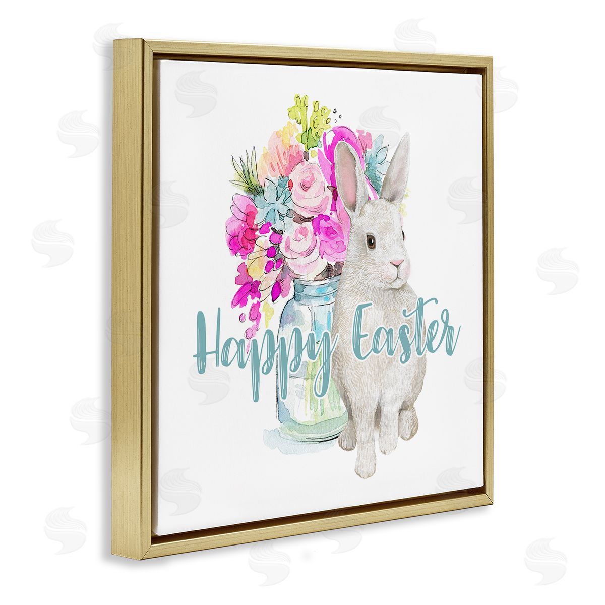 Jennifer Wambach Happy Easter Calligraphy Bunny Pink Flower Bouquet  Gold Floating Frame Canvas Wall Art Print
