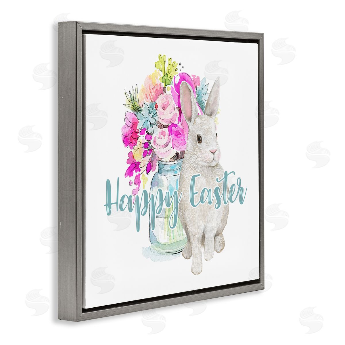 Jennifer Wambach Happy Easter Calligraphy Bunny Pink Flower Bouquet  Gray Floating Frame Canvas Wall Art Print