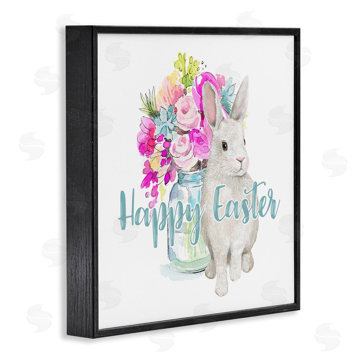 Jennifer Wambach Happy Easter Calligraphy Bunny Pink Flower Bouquet  Black Framed Glicee Wall Art Print