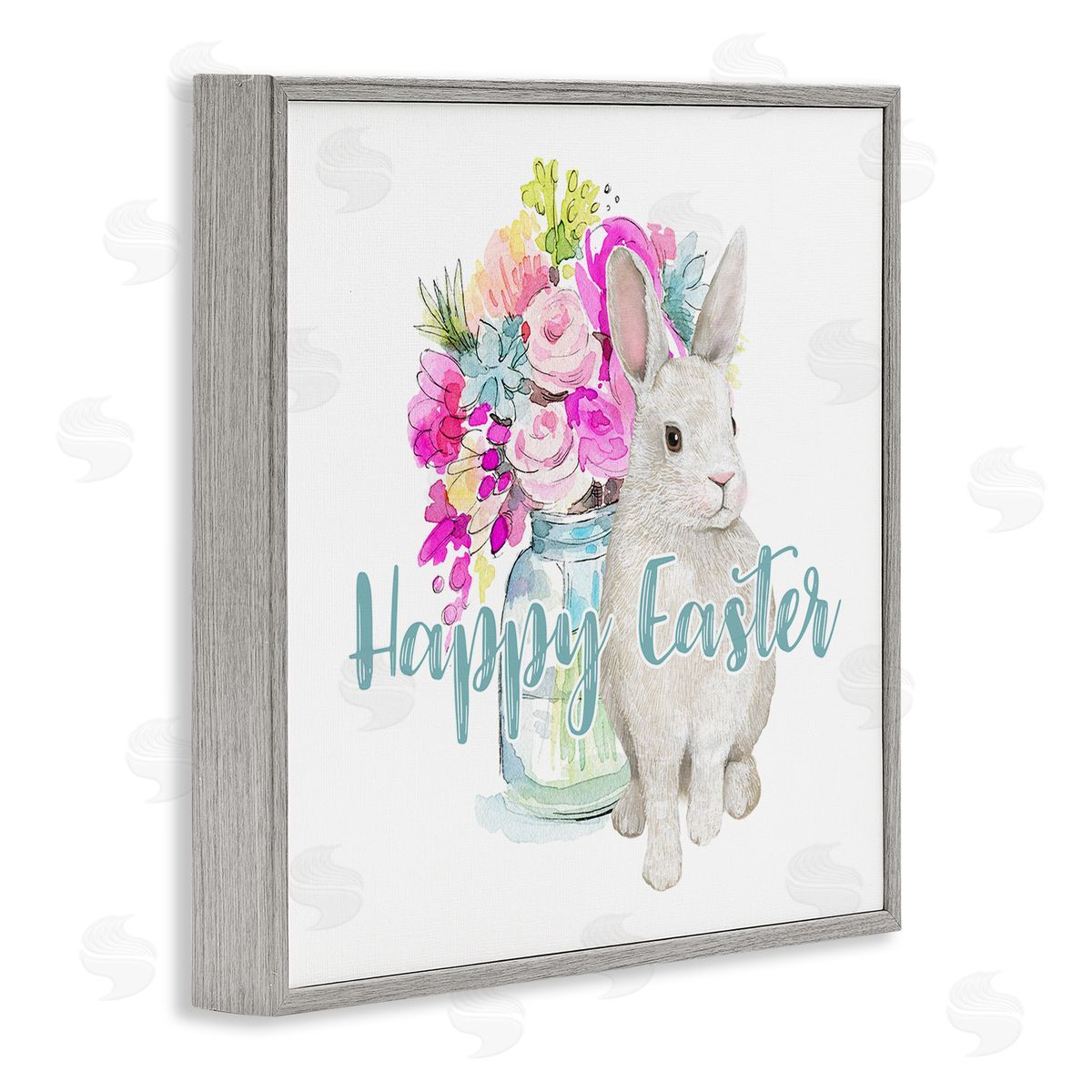 Jennifer Wambach Happy Easter Calligraphy Bunny Pink Flower Bouquet  Gray Framed Glicee Wall Art Print
