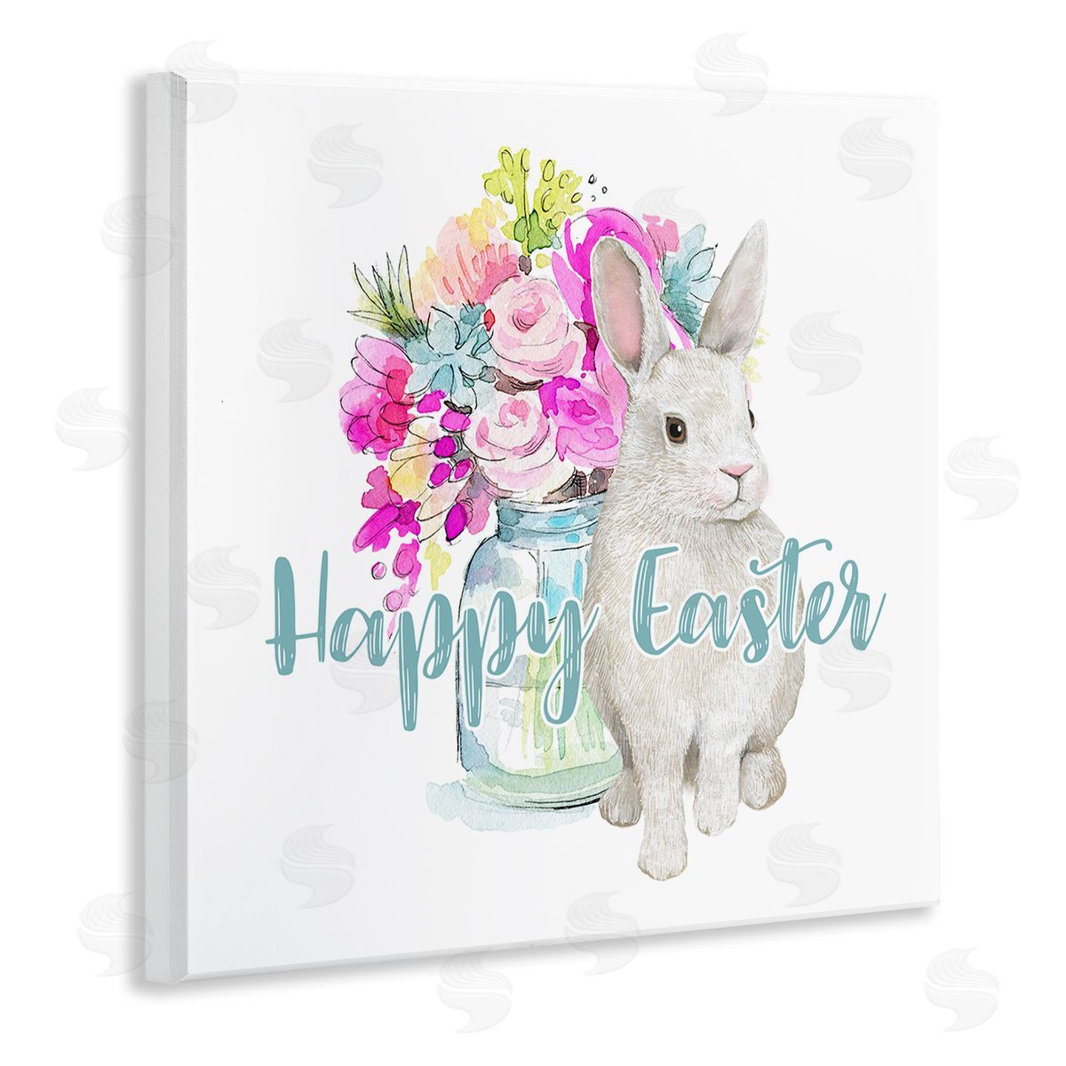 Jennifer Wambach Happy Easter Calligraphy Bunny Pink Flower Bouquet  Wooden Wall Plaque Art Print