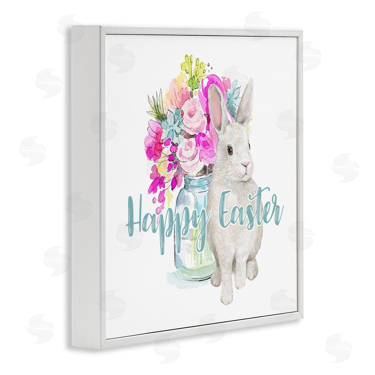 Jennifer Wambach Happy Easter Calligraphy Bunny Pink Flower Bouquet  White Framed Glicee Wall Art Print