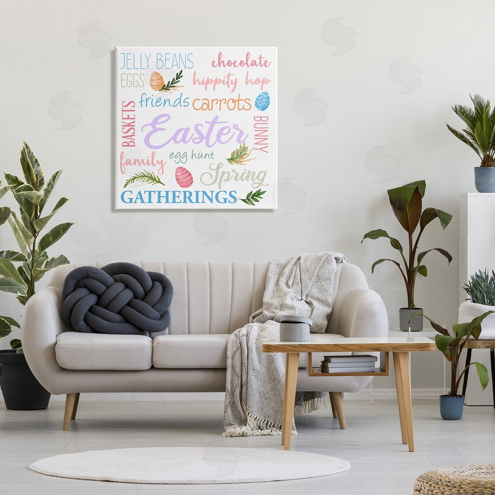 Kim Allen Festive Easter Activity Sign Patterned Eggs Motif Canvas Wall Art in Room