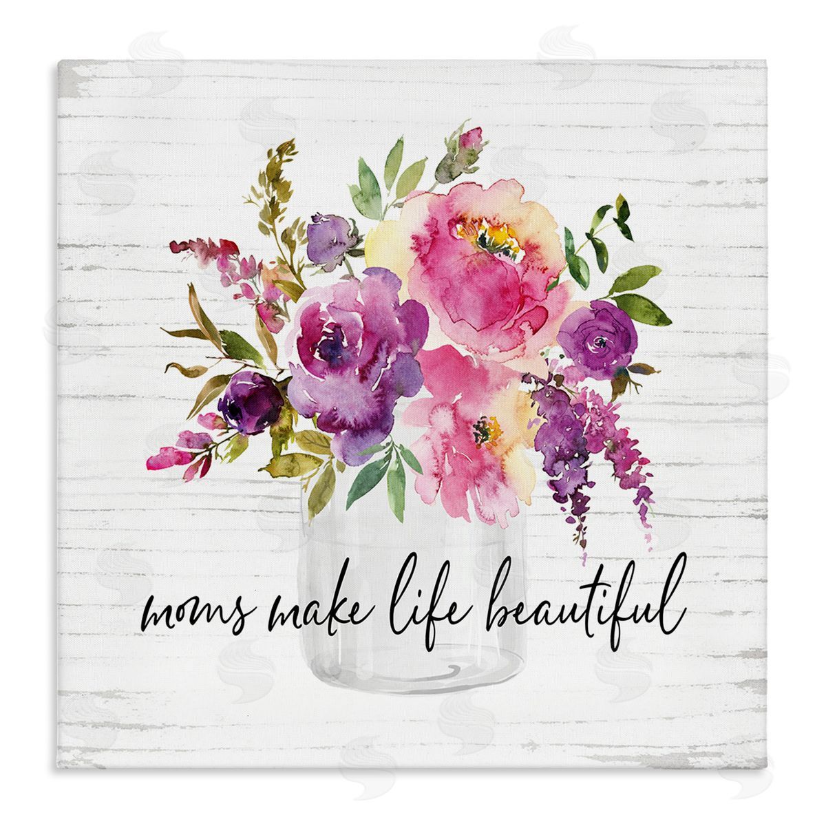 Lettered and Lined Mom's Make Life Beautiful Watercolor Flower Bouquet Stretched Canvas Wall Art Print