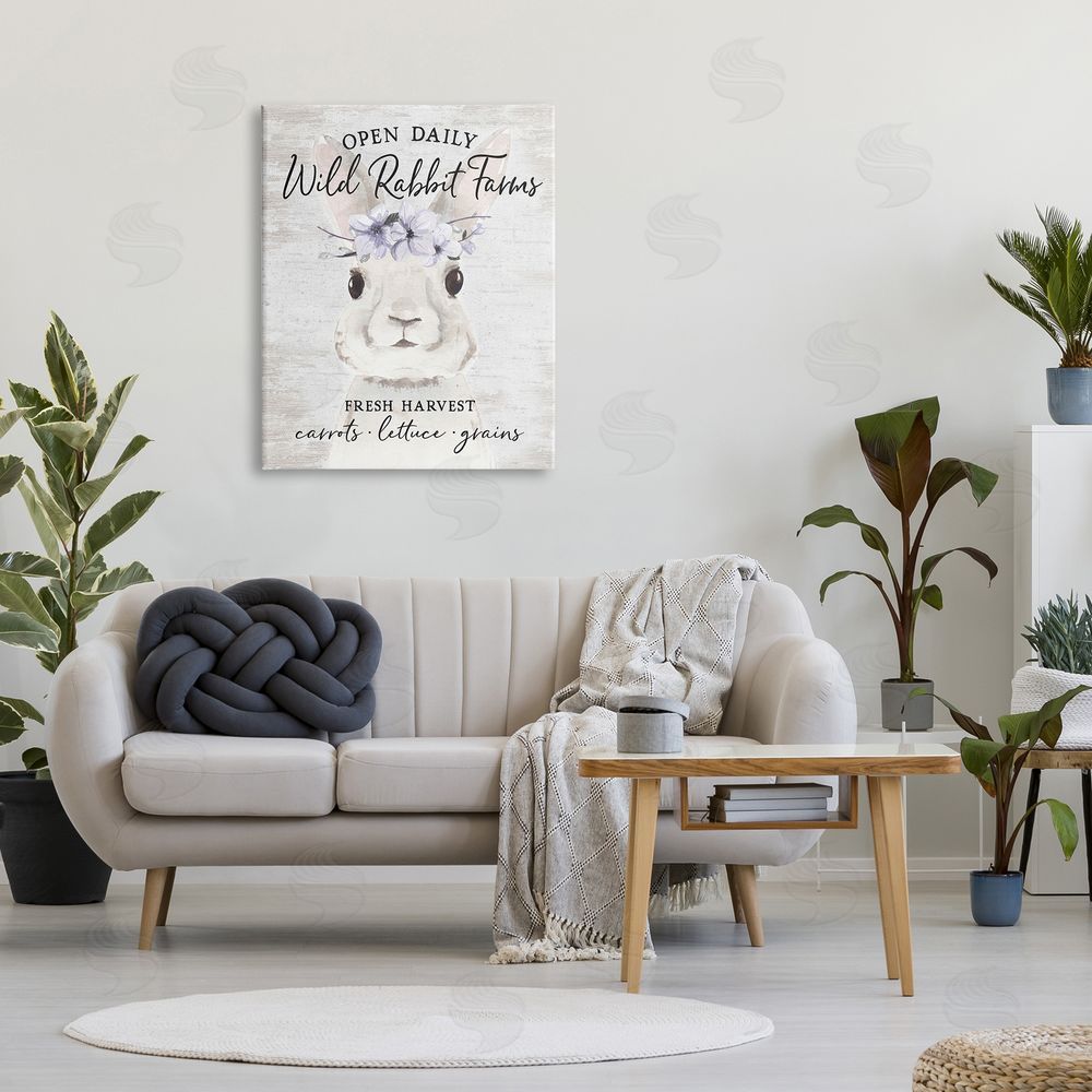 Lettered and Lined Wild Rabbit Farms Weathered Floral Crown Sign Canvas Wall Art Print in Room